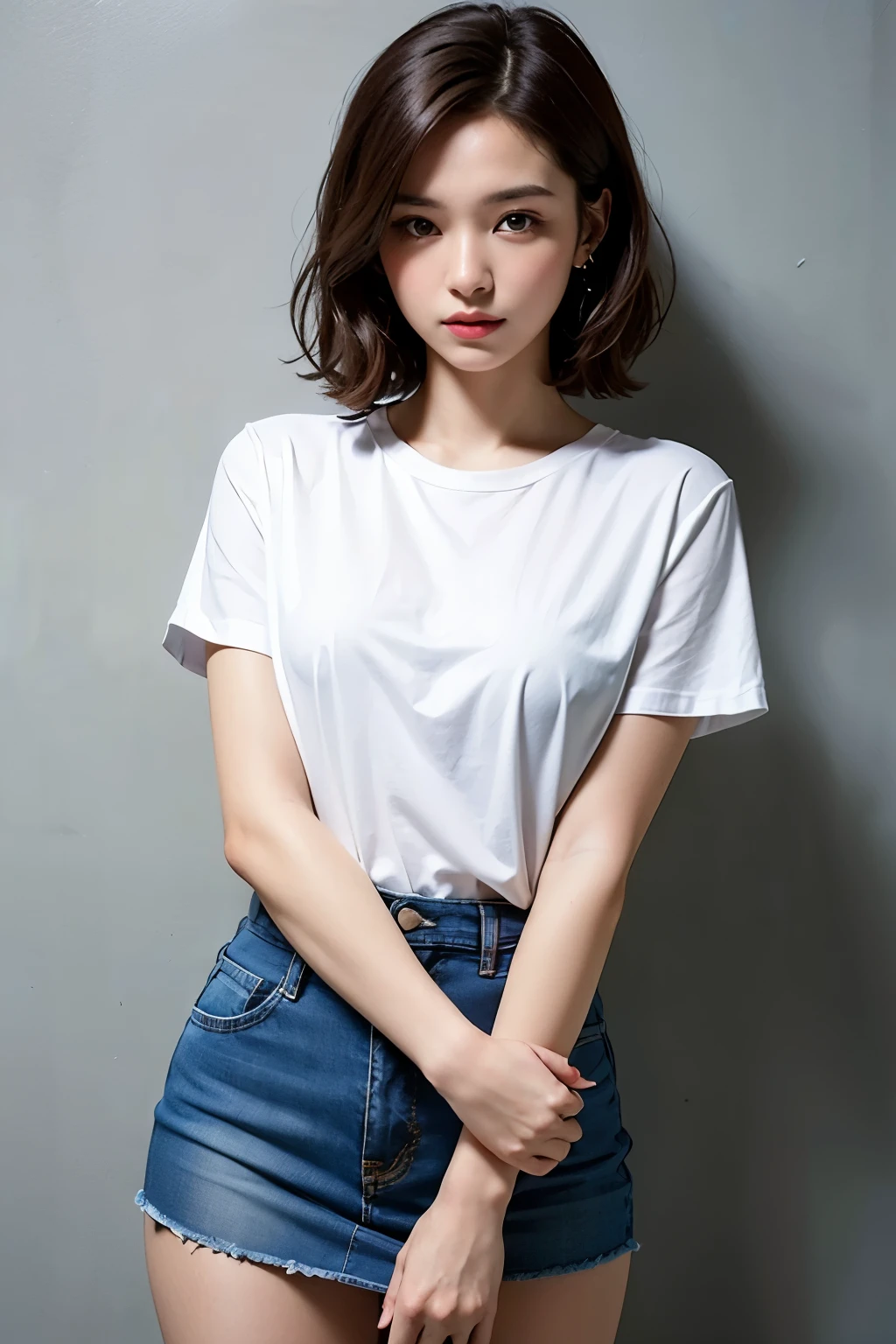((Highest quality)), ((masterpiece)), (detailed), One girl, Plain white T-shirt,Denim skirt