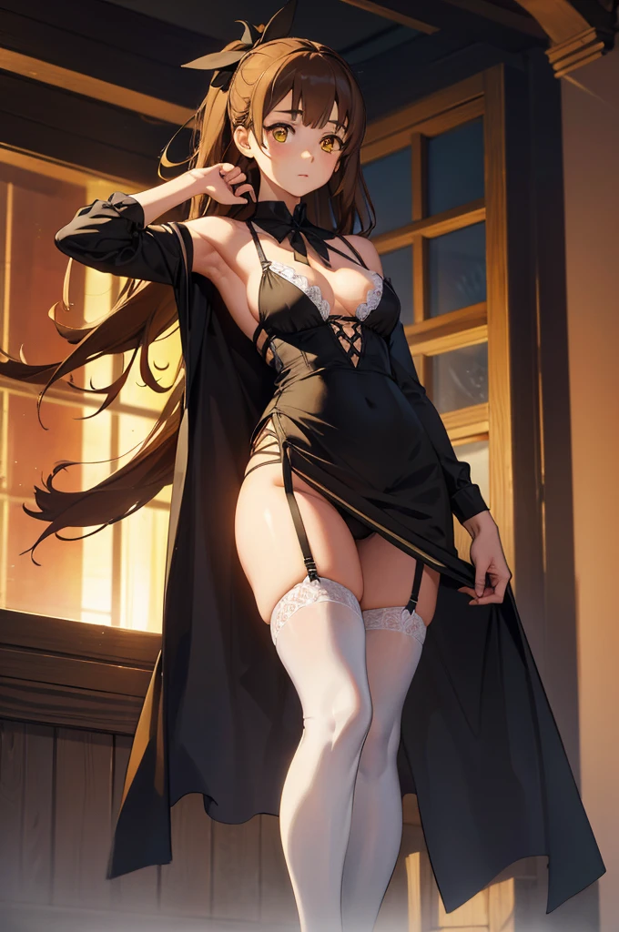 1 girl, marci, brown hair, loose hair, shoulder length hair, yellow eyes, detailed eyes, white stockings, ((black lingerie)), slightly bigger thighs, muscular