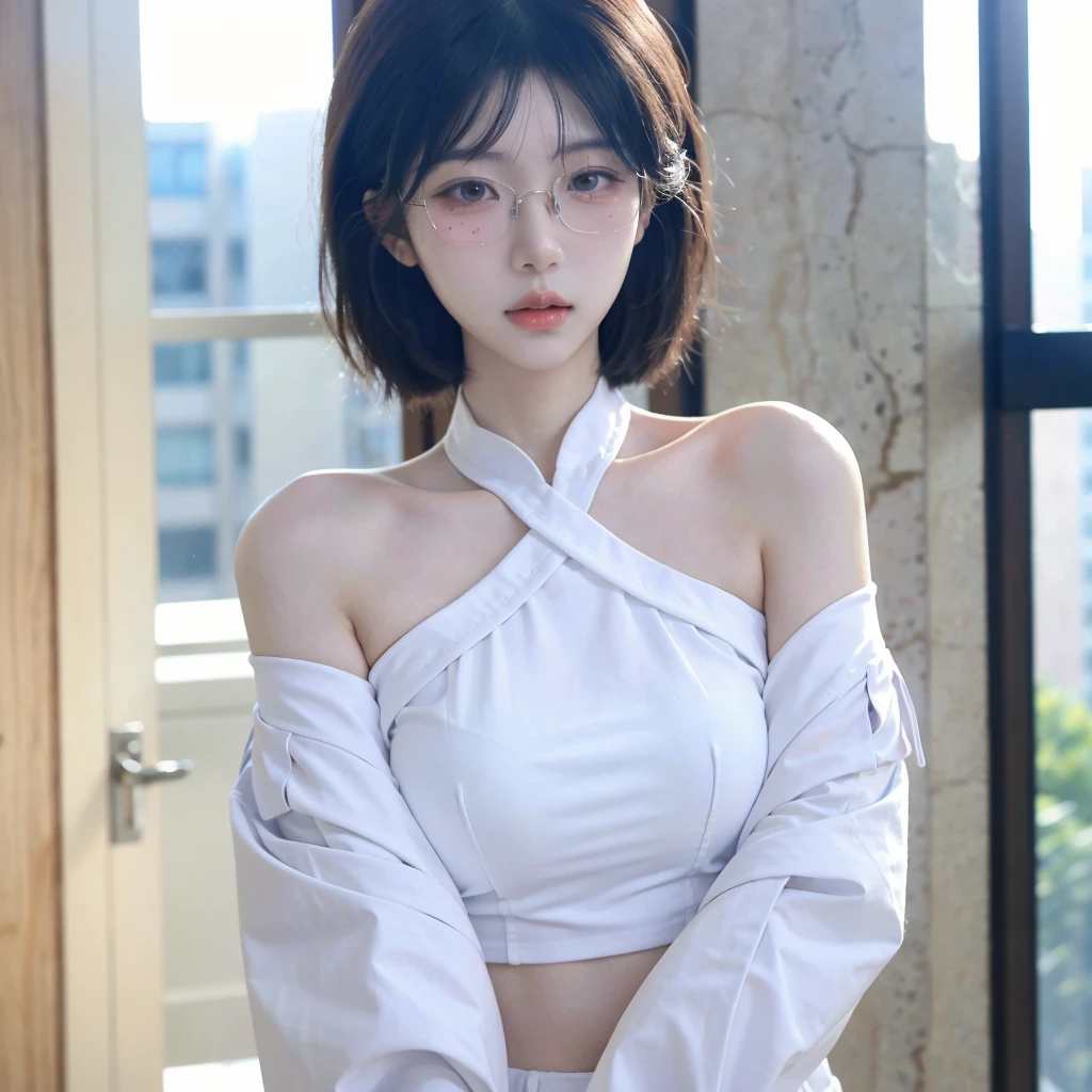 Beautiful woman with perfect figure:1.4,Ultra-high resolution,Wearing glasses,white背景,(real:1.4),Layered Hairstyles,white皮肤,Super Short Pleated Skirt,whole body,Extremely delicate facial and skin texture,double eyelid,Skin whitening,Long Hair,white hair,white,