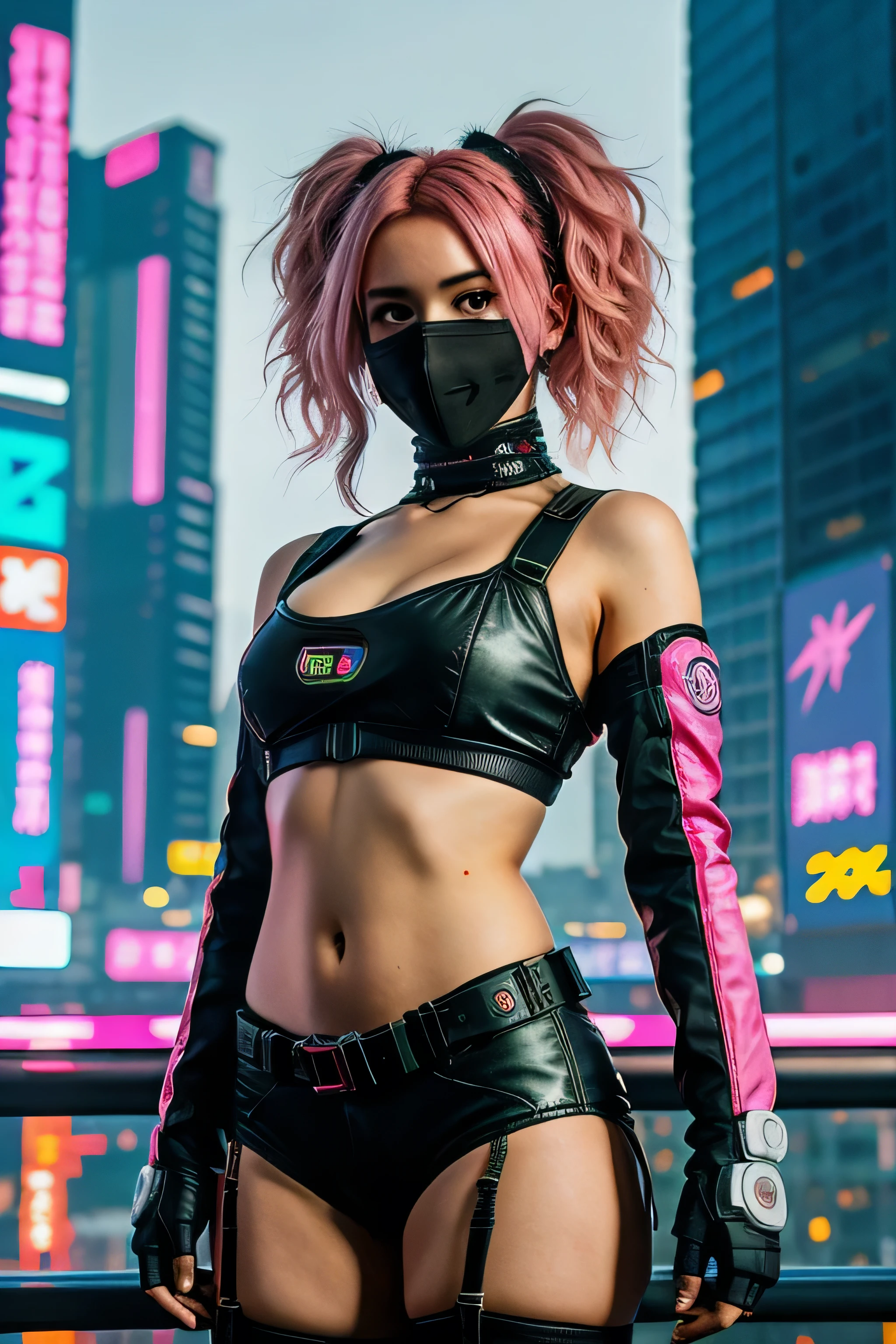 cyberpunk 2d anime girl with pink hair and a hightech mask with sci fi tokyo in the background. image should be 3000 x 3000 pixel album cover format