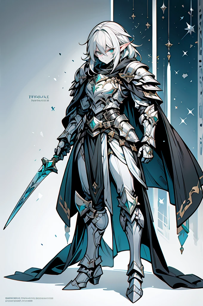 male half elf knight, full body art, silver hair, white skin, emerald iris eye, knight dark metalic color full plate adorned armor, silver cape, perfectly detailed.