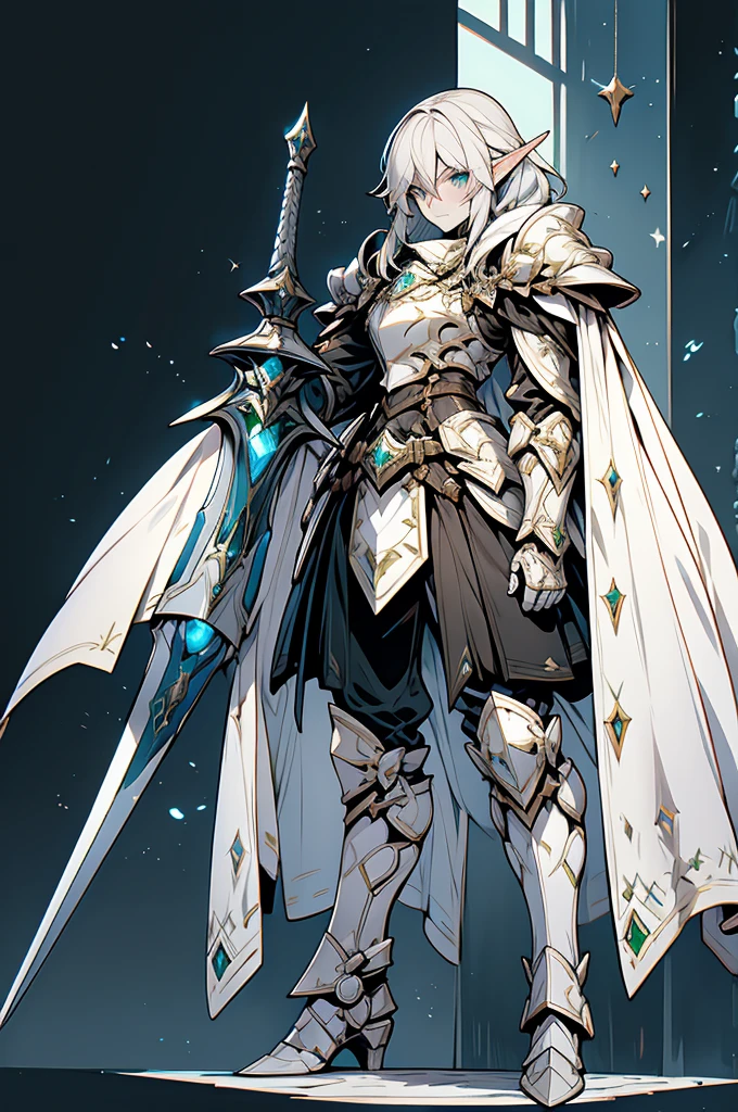 male half elf knight, full body art, silver hair, white skin, emerald iris eye, knight dark metalic color full plate adorned armor, silver cape, perfectly detailed.