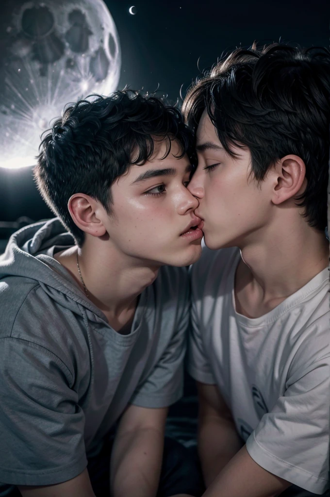 Two boys kissing in front of the moon