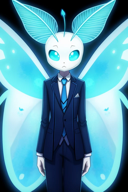 1 anthro moth, with screens for eyes with lines of codes running through them, a very thin body with long arms and legs, wearing a three piece suit and a fur coat, with big bright cyan lunar moth wings, technology, sad expression, pityful expression, tired expression, furry, moth antenna, mothwings, white face glowing antenna, glowing eyes, glowing tie, cute, young looking, teenager, cute face, no hair, full body, open wings, cyan eyes, pitiable expression, mothwings,