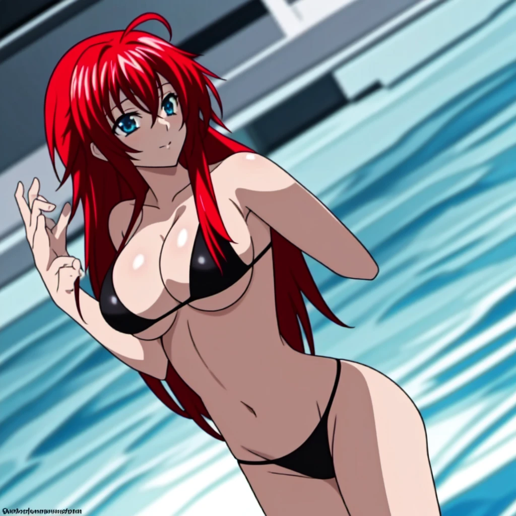 1girl, Rias Gremory, solo, long_hair, red hair, bangs, hair_between_eyes, shiny_hair, ahoge, blue_eyes, High School DXD, large_breasts, swim suit, big , sexy pose, sexy body, perfect figure, hot, ((black micro bikini)), ((bare arms))