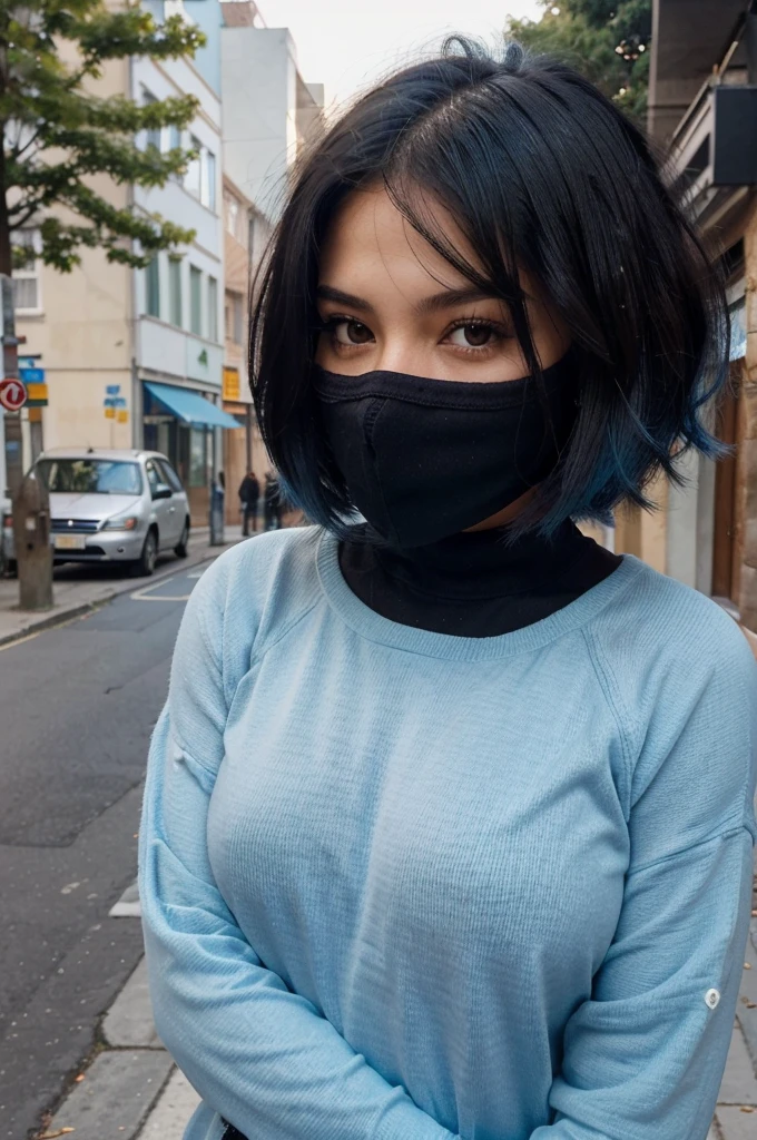 there is a woman with a shirt, short blue hair, isabela moner, short blue fur, short blue fur, with blue fur, color blue, short blue fured woman, pretty girl with blue fur, with short hair, blue furstyle, blue sweater, White skin, clear skin, blue toned hair, blue furs, blue fur, She has a pretty face, girl of 20, mexican traits, boy hair, black hair, Frizzy hair, mexican, blue tips, bob cut, bob hairstyle, selfie, midbody, torso only, no legs, no legs, autophoto, only face, aesthetic, short hair, Zoom, Zoom facial, short hair, blue hair, auto autophoto, Looking up, camera from above, Angle up, low angle arm, blue hair, autophoto, tousled hair, Zoom face, Zoom al rostro, face close, near the camera, no torso, only face, selfie, selfie pose, selfie pose, photo for icon, profile picture, photo for instagram, chubby girl, Zoom, facial Zoom, close up, she holds the pov, Zoom body, Zoom al cuerpo, holding the camera, but about, foto tomada close up, big breasts, big , black sweatshirt, black sweater, black sweater, black clothes, black outfit, natural light, illuminated, fluffy hair, looking straight ahead, close to the camera, blue sky, sudadera con hood, hood, on the street, in the park, trees, black facemask, black face mask, black mask, black rpa, black clothes, black outfit, black,