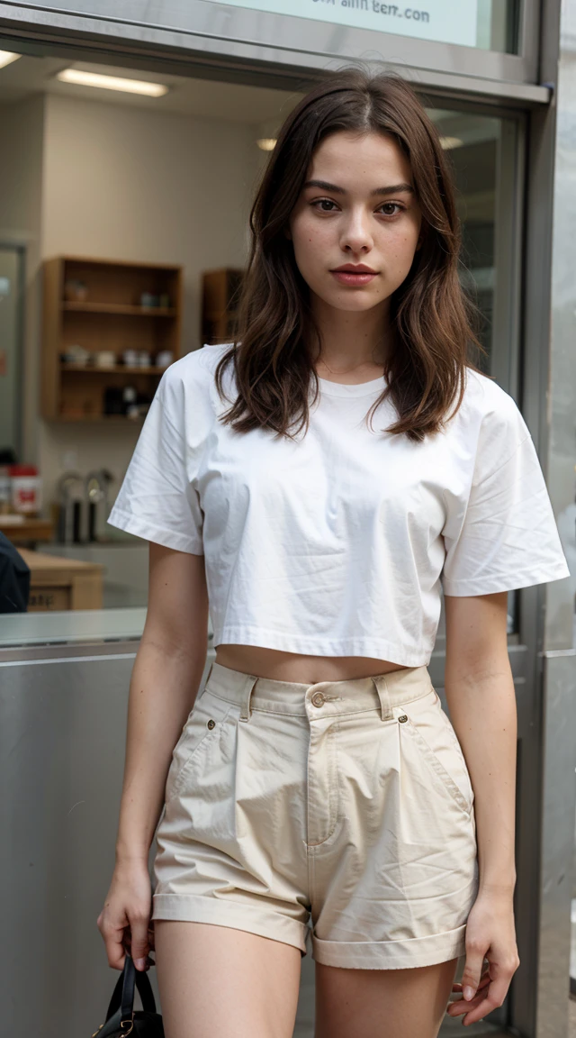 Beautiful woman, short white hair, wearing a short skirt and short skirt outfit, appearing a little shy
