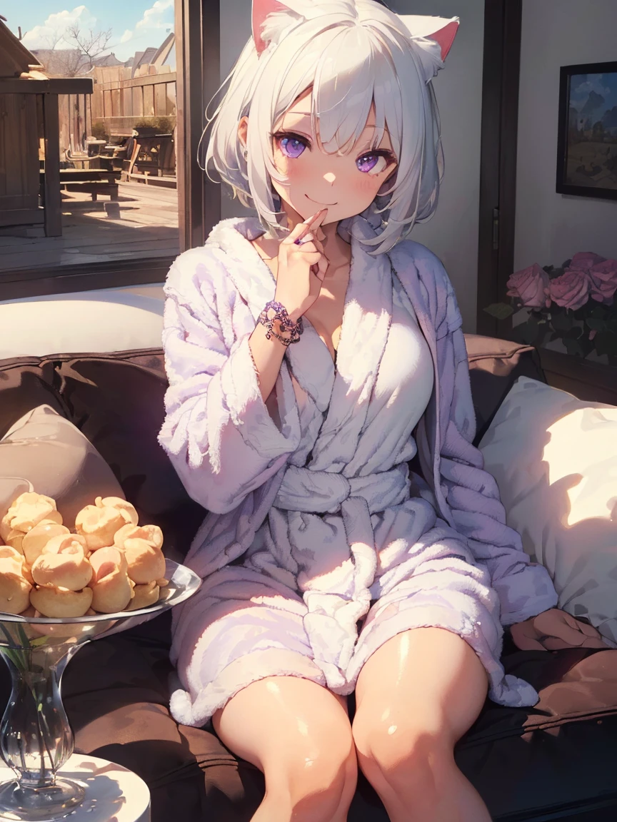 (((masterpiece))), (((Highest quality))), ((Very detailed)), ((Very detailedなイラスト)), ((Ultra-fine painting)), (16K Highest quality wallpaper:1.4), (Detailed and elaborate illustration style,:1.8) Detailed skin texture, High quality fabric, , (T-masterpiece), (Very detailedな顔:1.4), original, RAW Photos, Professional, Intricate details, Very detailed, Direct sunlight:1.6, ,(Cowboy Shot:1.9)、(Perfect Anatomy:1.4), (Extremely elaborate hands:1.2), (Very elaborate fingers:1.2), (Very elaborate fingers先:1.2),, (alone:1.6), (beautiful and adorable cat ears:1.6), (Intricate and delicate cat ears:1.4), (beautiful, Shiny white hair:1.6), (Very fine and delicate white hair:1.4),, (Very detailedな顔:1.4),(薄いPurple eyes:1.4),(smile:1.4),?Fantastic details,Cowboy Shot,Purple eyes,lipstick,eyeliner,eye shadow,thin,Shiny skin,Medium chest,Bobcut,Silver Hair,Shiny Hair,(sleepy:1.4),(Bathrobes:1.5),(bracelet:1.4),(Crossing your legs:1.4),(Hands close to the face:1.5),(Cleavage:0.4),(living room:1.4),(cream puff:1.5),(Rose:1.3),(On the sofa:1.4)、holding cream puff in hand