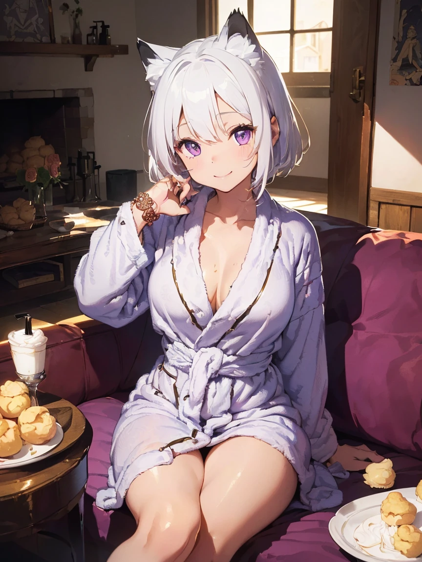 (((masterpiece))), (((Highest quality))), ((Very detailed)), ((Very detailedなイラスト)), ((Ultra-fine painting)), (16K Highest quality wallpaper:1.4), (Detailed and elaborate illustration style,:1.8) Detailed skin texture, High quality fabric, , (T-masterpiece), (Very detailedな顔:1.4), original, RAW Photos, Professional, Intricate details, Very detailed, Direct sunlight:1.6, ,(Cowboy Shot:1.9)、(Perfect Anatomy:1.4), (Extremely elaborate hands:1.2), (Very elaborate fingers:1.2), (Very elaborate fingers先:1.2),, (alone:1.6), (beautiful and adorable cat ears:1.6), (Intricate and delicate cat ears:1.4), (beautiful, Shiny white hair:1.6), (Very fine and delicate white hair:1.4),, (Very detailedな顔:1.4),(薄いPurple eyes:1.4),(smile:1.4),?Fantastic details,Cowboy Shot,Purple eyes,lipstick,eyeliner,eye shadow,thin,Shiny skin,Medium chest,Bobcut,Silver Hair,Shiny Hair,(sleepy:1.4),(Bathrobes:1.5),(bracelet:1.4),(Crossing your legs:1.4),(Hands close to the face:1.5),(Cleavage:0.4),(living room:1.4),(cream puff:1.5),(Rose:1.3),(On the sofa:1.4)、holding cream puff in hand