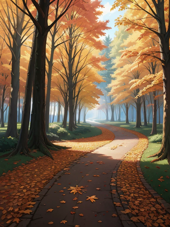 A lush, autumnal forest path, fallen leaves scattered on the ground, detailed 8K digital painting, inspired by the art of Sylvain Sarrailh, Makoto Shinkai and Cyril Rolland, concept art wallpaper, digital painting in the style of Cyril Rolland and Fujita Goro, inspired by the works of Atey Ghailan