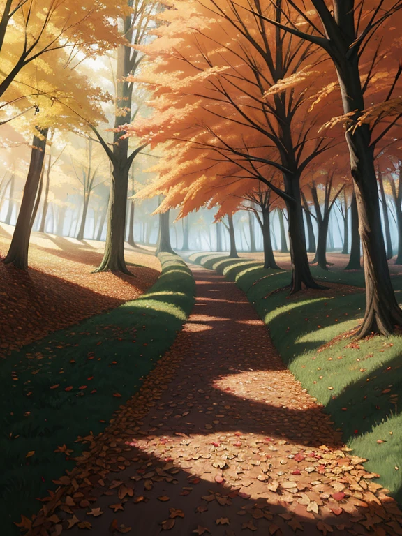 A lush, autumnal forest path, fallen leaves scattered on the ground, detailed 8K digital painting, inspired by the art of Sylvain Sarrailh, Makoto Shinkai and Cyril Rolland, concept art wallpaper, digital painting in the style of Cyril Rolland and Fujita Goro, inspired by the works of Atey Ghailan