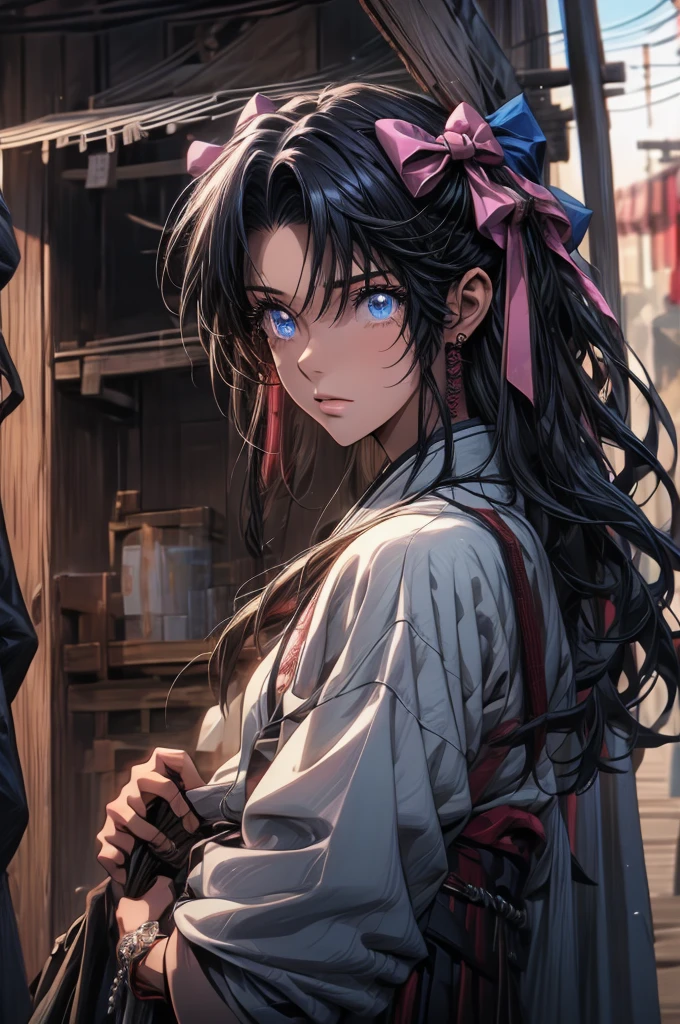 kaorukamiya, kaoru kamiya, blue eyes, black hair, pink bow, bow, hair bow, BREAK skirt, japanese clothes, hakama, hakama skirt, BREAK looking at viewer, BREAK outdoors, BREAK (masterpiece:1.2), best quality, high resolution, unity 8k wallpaper, (illustration:0.8), (beautiful detailed eyes:1.6), extremely detailed face, perfect lighting, extremely detailed CG, (perfect hands, perfect anatomy),