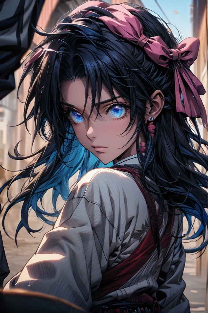 kaorukamiya, kaoru kamiya, blue eyes, black hair, pink bow, bow, hair bow, BREAK skirt, japanese clothes, hakama, hakama skirt, BREAK looking at viewer, BREAK outdoors, BREAK (masterpiece:1.2), best quality, high resolution, unity 8k wallpaper, (illustration:0.8), (beautiful detailed eyes:1.6), extremely detailed face, perfect lighting, extremely detailed CG, (perfect hands, perfect anatomy),