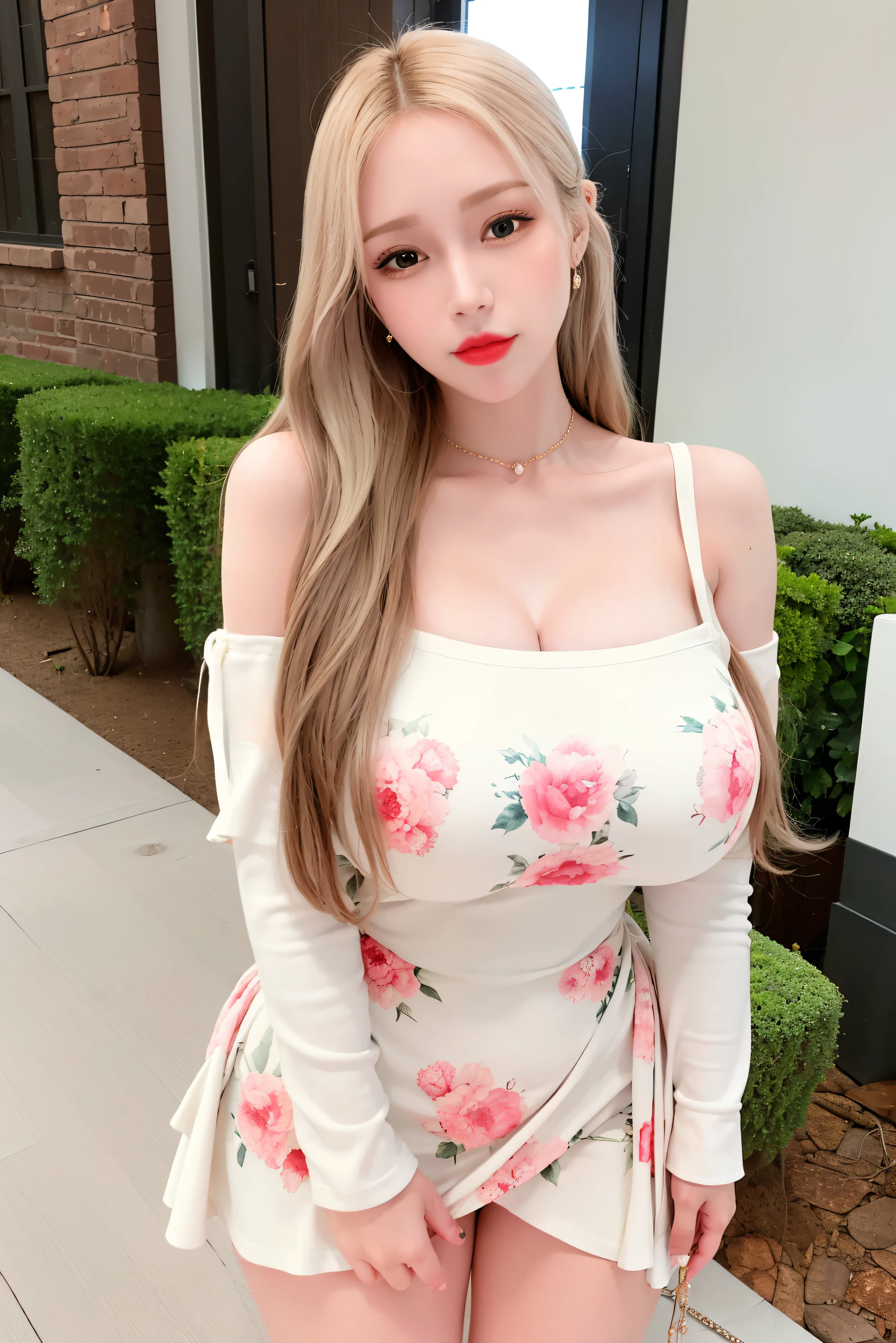 An extremely beautiful busty woman with gold blonde long silky hair, blue oceanic eyes, extremely super bright snow white fair stunning flawless glowing lush shiny white skin, and complexion, a perfect tight hourglass figure, a thick plump ass, cleavage, and perfect hips, wearing a short sexy loose revealing white floral dress with red flower patterns along with a red sash around the waist and a light brown off-shoulder cardigan, yellow heels, jewelry on the neck, gold bangles on her wrist, and anklets on her legs, gold earrings, a cute adorable smile, pink puffy lips, pink nails, red rose on hair, standing straight, hands joined together, looking at the viewer, big garden in the background, day time, show full body from head to feet.