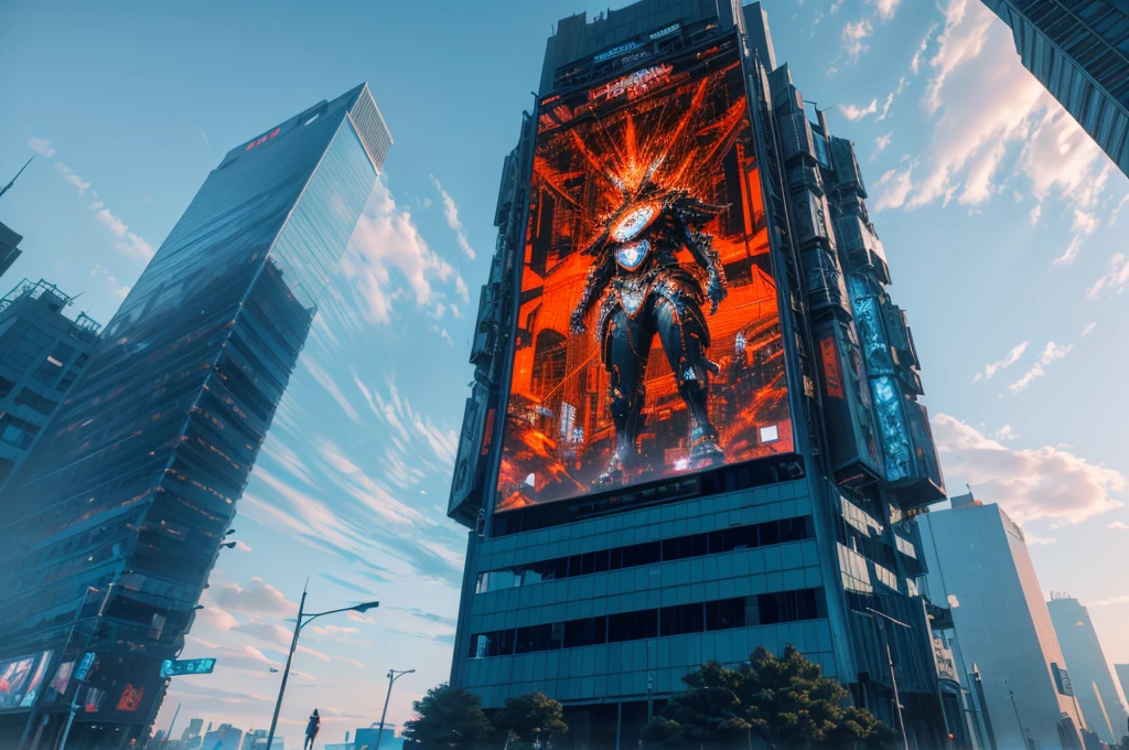 there is a statue of a man in a box on a building, towering giant made of zombies, big video statues, giant red led screens, highly detailed giantess shot, person made out of glass, corporate holograms, hito steyerl, giant video screens, giant led screens, big titan creature in the center, extremely detailed giantess shot, cyberpunk ads
