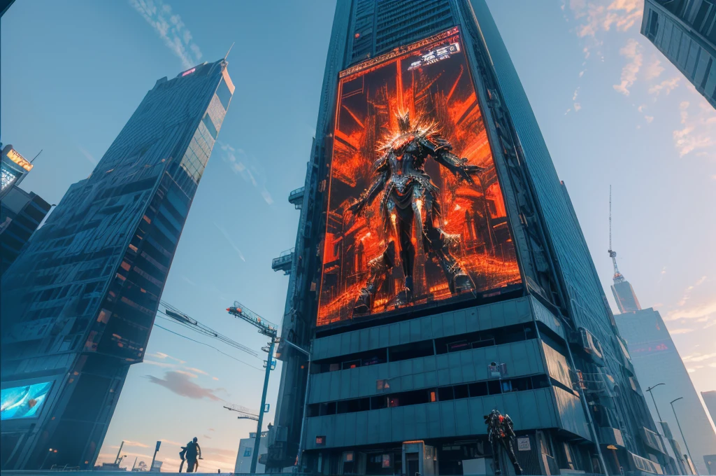 there is a statue of a man in a box on a building, towering giant made of zombies, big video statues, giant red led screens, highly detailed giantess shot, person made out of glass, corporate holograms, hito steyerl, giant video screens, giant led screens, big titan creature in the center, extremely detailed giantess shot, cyberpunk ads