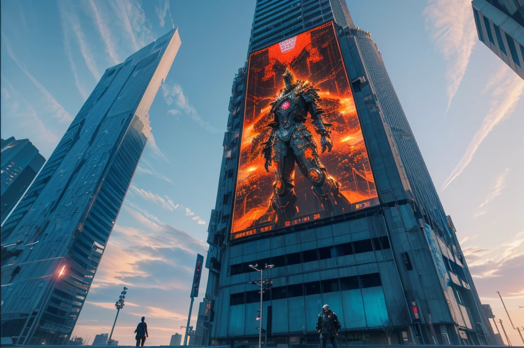 there is a statue of a man in a box on a building, towering giant made of zombies, big video statues, giant red led screens, highly detailed giantess shot, person made out of glass, corporate holograms, hito steyerl, giant video screens, giant led screens, big titan creature in the center, extremely detailed giantess shot, cyberpunk ads