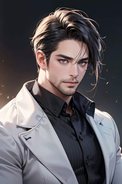 (best quality,4k,8k,highres,masterpiece:1.2),ultra-detailed,(realistic,photorealistic,photo-realistic:1.37),34 year old man,3 day beard,handsome anime,portraits,strong,masculine,dark hair,sharp jawline,mesmerizing eyes,perfectly styled hair,cool anime outfit,confident expression,vibrant colors,dynamic lighting, CEO and expression smile in love.