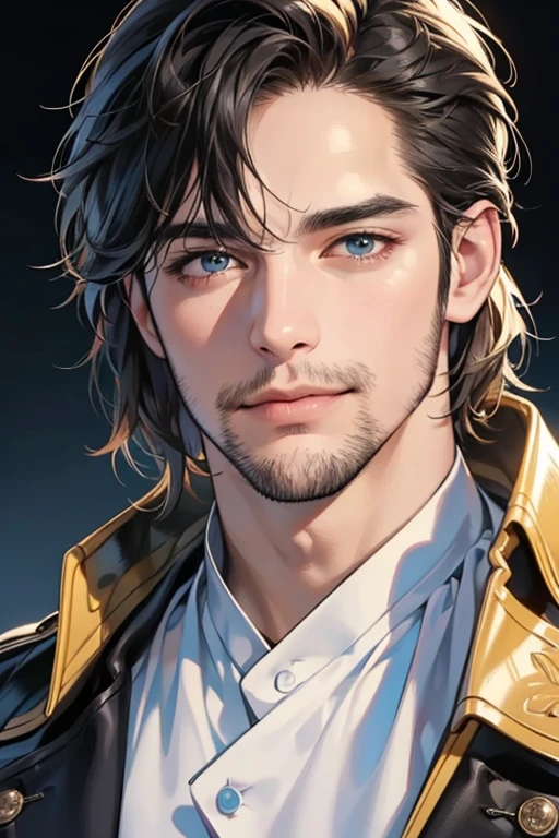 (best quality,4k,8k,highres,masterpiece:1.2),ultra-detailed,(realistic,photorealistic,photo-realistic:1.37),34 year old man,3 day beard,handsome anime,portraits,strong,masculine,dark hair,sharp jawline,mesmerizing eyes,perfectly styled hair,cool anime outfit,confident expression,vibrant colors,dynamic lighting, CEO and expression smile in love.