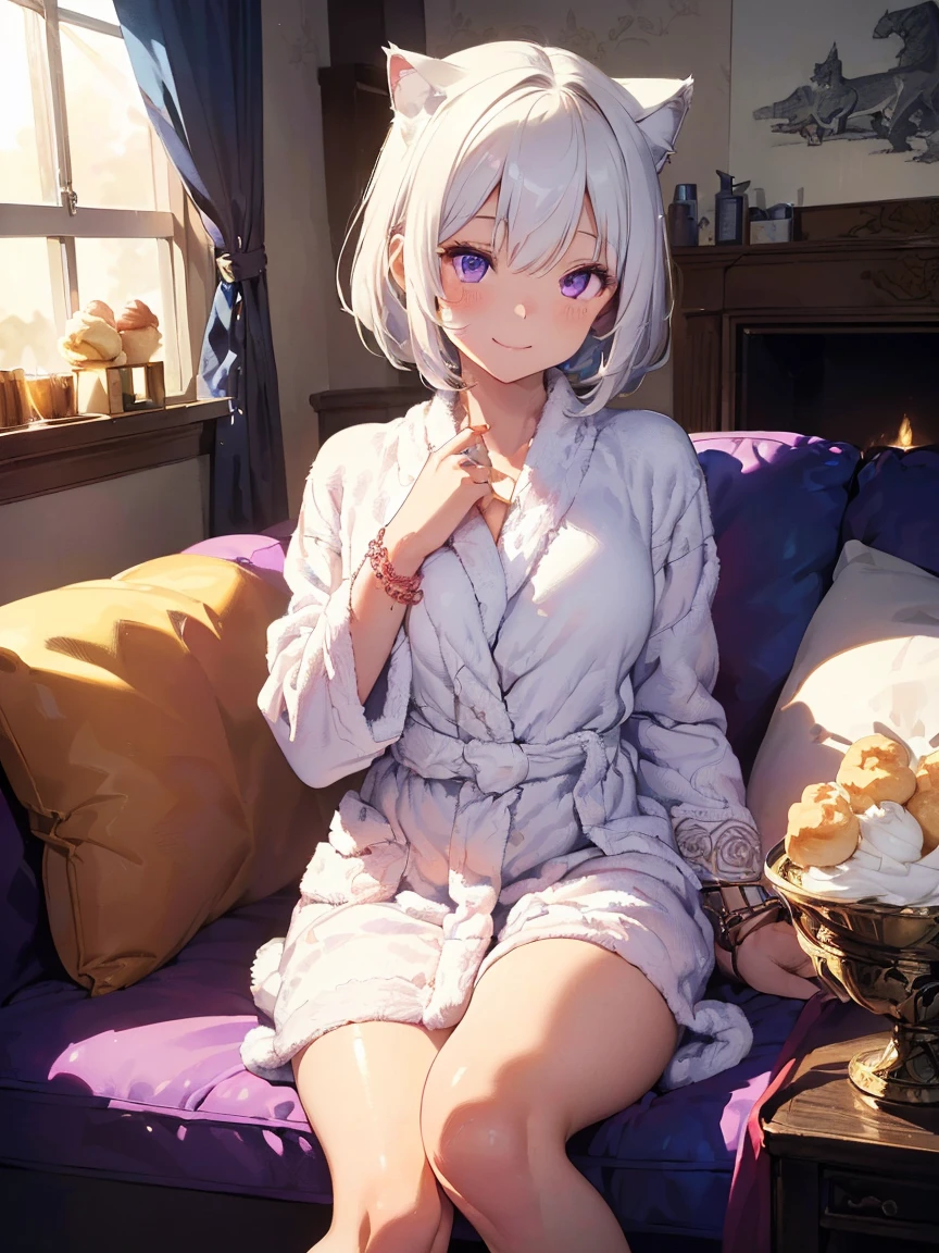 (((masterpiece))), (((Highest quality))), ((Very detailed)), ((Very detailedなイラスト)), ((Ultra-fine painting)), (16K Highest quality wallpaper:1.4), (Detailed and elaborate illustration style,:1.8) Detailed skin texture, High quality fabric, , (T-masterpiece), (Very detailedな顔:1.4), original, RAW Photos, Professional, Intricate details, Very detailed, Direct sunlight:1.6, ,(Cowboy Shot:1.9)、(Perfect Anatomy:1.4), (Extremely elaborate hands:1.2), (Very elaborate fingers:1.2), (Very elaborate fingers先:1.2),, (alone:1.6), (beautiful and adorable cat ears:1.6), (Intricate and delicate cat ears:1.4), (beautiful, Shiny white hair:1.6), (Very fine and delicate white hair:1.4),, (Very detailedな顔:1.4),(薄いPurple eyes:1.4),(smile:1.4),?Fantastic details,Cowboy Shot,Purple eyes,lipstick,eyeliner,eye shadow,thin,Shiny skin,Medium chest,Bobcut,Silver Hair,Shiny Hair,(sleepy:1.4),(Bathrobes:1.5),(bracelet:1.4),(Crossing your legs:1.4),(Hands close to the face:1.5),(Cleavage:0.4),(living room:1.4),(cream puff:1.5),(Rose:1.3),(On the sofa:1.4)、holding cream puff in hand