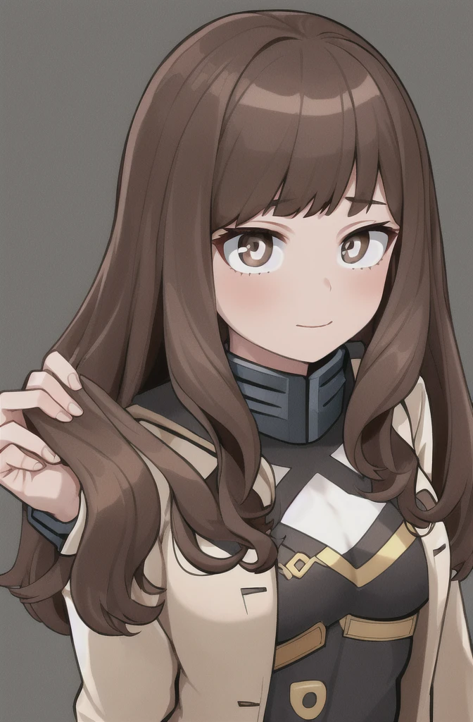 Girl, long brown hair, gray eyes, sharp features, white skin, wavy hairstyle