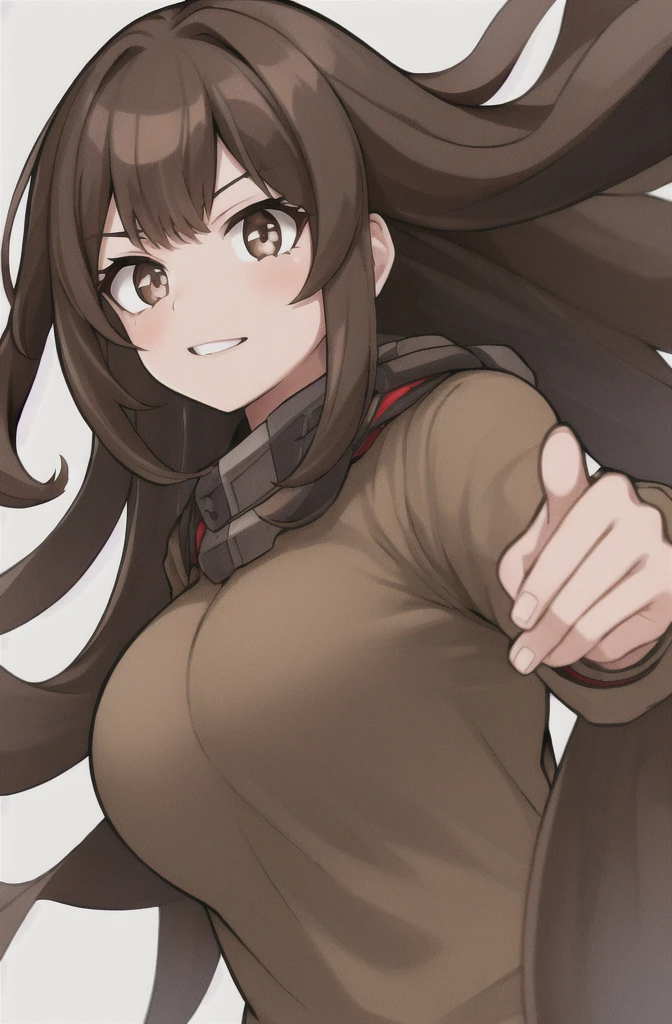 Horikoshi Kouhei, 1 girl, brown hair, brown eyes, long eyes,long hair, happy.