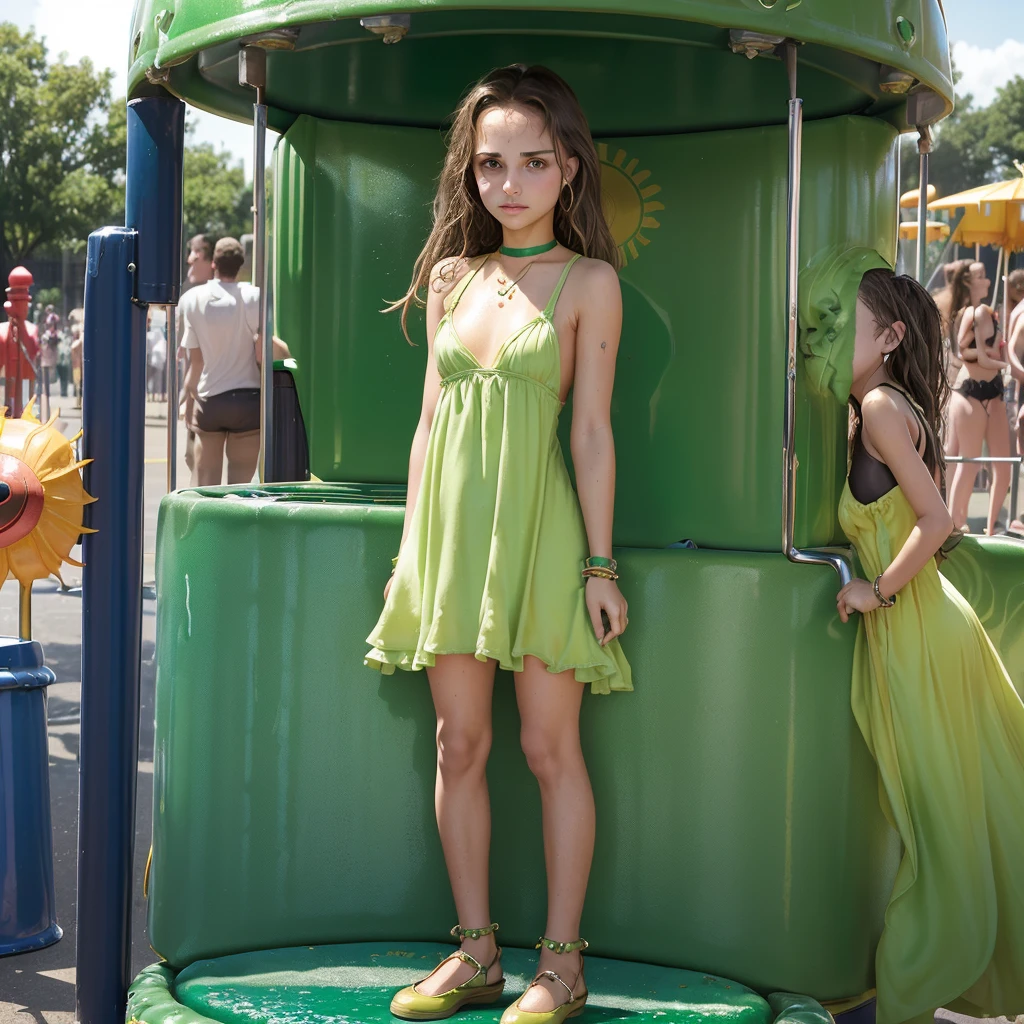 20 year old Natalie Portman, (((tiny sexy skimpy green sun dress))), (((standing by the dunk tank at a carnival))), shy, worried, ((face blushing)), choker, ((embarrassed pose)), angry, metal bracelet, soaking wet, solo shot