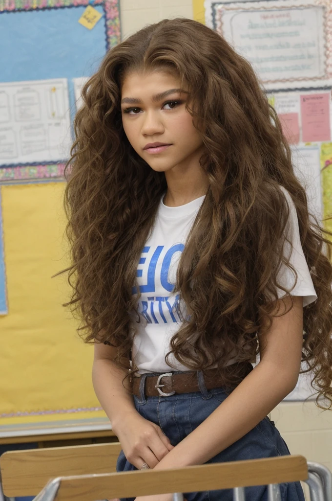13 year old Zendaya with brown curly hair inside a 7th grade classroom