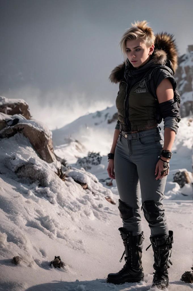 masterpiece, portrait of a beautiful  Norwegian girl in a post-apocalyptic frozen desert, Punk blonde with short hair, shaved on the sides, grey-blue eyes, very pale skin, highly detailed skin, Cool face, Tense face, Dramatic face, Hard Face, wearing dirty white military pants, wear a white and gray military scarf, wear a winter camouflage military vest in gray and white, wear punk style jewelry, Viking tattoos on skin, Cool Girl, The Killer Girl, Wild Girl, postapocalyptic style, RAW, dramatic lighting, threatening the Scandinavian skies, 8 k, Ultra high resolution.Photorealistic, uhd, First phase of XF IQ4, 150 MP, post-apocalyptic frozen snowy fjord landscape in the background, dirt, dust, rumbles, wreckage, action pose, (Mad Max movie atmosphere:1.2)