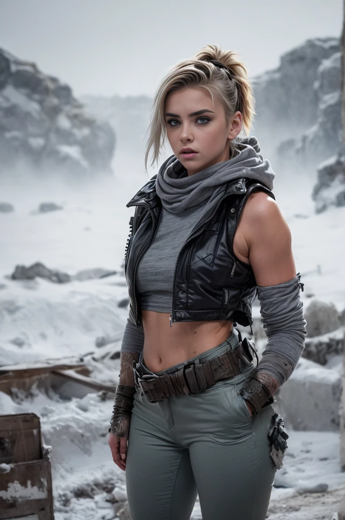 masterpiece, portrait of a beautiful 17 year old Norwegian girl in a post-apocalyptic frozen desert, Punk blonde with short hair, shaved on the sides, grey-blue eyes, very pale skin, highly detailed skin, Cool face, Tense face, Dramatic face, Hard Face, wearing dirty white military pants, wear a white and gray military scarf, wear a winter camouflage military vest in gray and white, wear punk style jewelry, Viking tattoos on skin, Cool Girl, The Killer Girl, Wild Girl, postapocalyptic style, RAW, dramatic lighting, threatening the Scandinavian skies, 8 k, Ultra high resolution.Photorealistic, uhd, First phase of XF IQ4, 150 MP, post-apocalyptic frozen snowy fjord landscape in the background, dirt, dust, rumbles, wreckage, action pose, (Mad Max movie atmosphere:1.2)