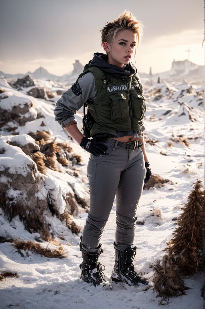 masterpiece, portrait of a beautiful 17 year old Norwegian girl in a post-apocalyptic frozen desert, Punk blonde with short hair, shaved on the sides, grey-blue eyes, very pale skin, highly detailed skin, Cool face, Tense face, Dramatic face, Hard Face, wearing dirty white military pants, wear a white and gray military scarf, wear a winter camouflage military vest in gray and white, wear punk style jewelry, Viking tattoos on skin, Cool Girl, The Killer Girl, Wild Girl, postapocalyptic style, RAW, dramatic lighting, threatening the Scandinavian skies, 8 k, Ultra high resolution.Photorealistic, uhd, First phase of XF IQ4, 150 MP, post-apocalyptic frozen snowy fjord landscape in the background, dirt, dust, rumbles, wreckage, action pose, (Mad Max movie atmosphere:1.2)