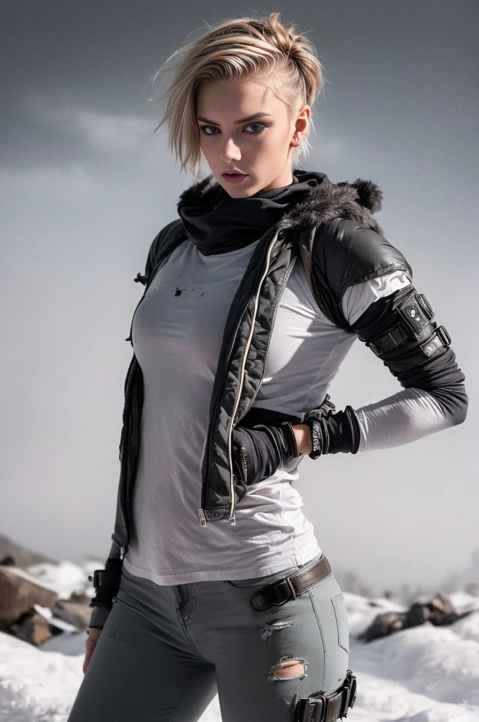 masterpiece, portrait of a beautiful  Norwegian girl in a post-apocalyptic frozen desert, Punk blonde with short hair, shaved on the sides, grey-blue eyes, very pale skin, highly detailed skin, Cool face, Tense face, Dramatic face, Hard Face, wearing dirty white military pants, wear a white and gray military scarf, wear a winter camouflage military vest in gray and white, wear punk style jewelry, Viking tattoos on skin, Cool Girl, The Killer Girl, Wild Girl, postapocalyptic style, RAW, dramatic lighting, threatening the Scandinavian skies, 8 k, Ultra high resolution.Photorealistic, uhd, First phase of XF IQ4, 150 MP, post-apocalyptic frozen snowy fjord landscape in the background, dirt, dust, rumbles, wreckage, action pose, (Mad Max movie atmosphere:1.2)