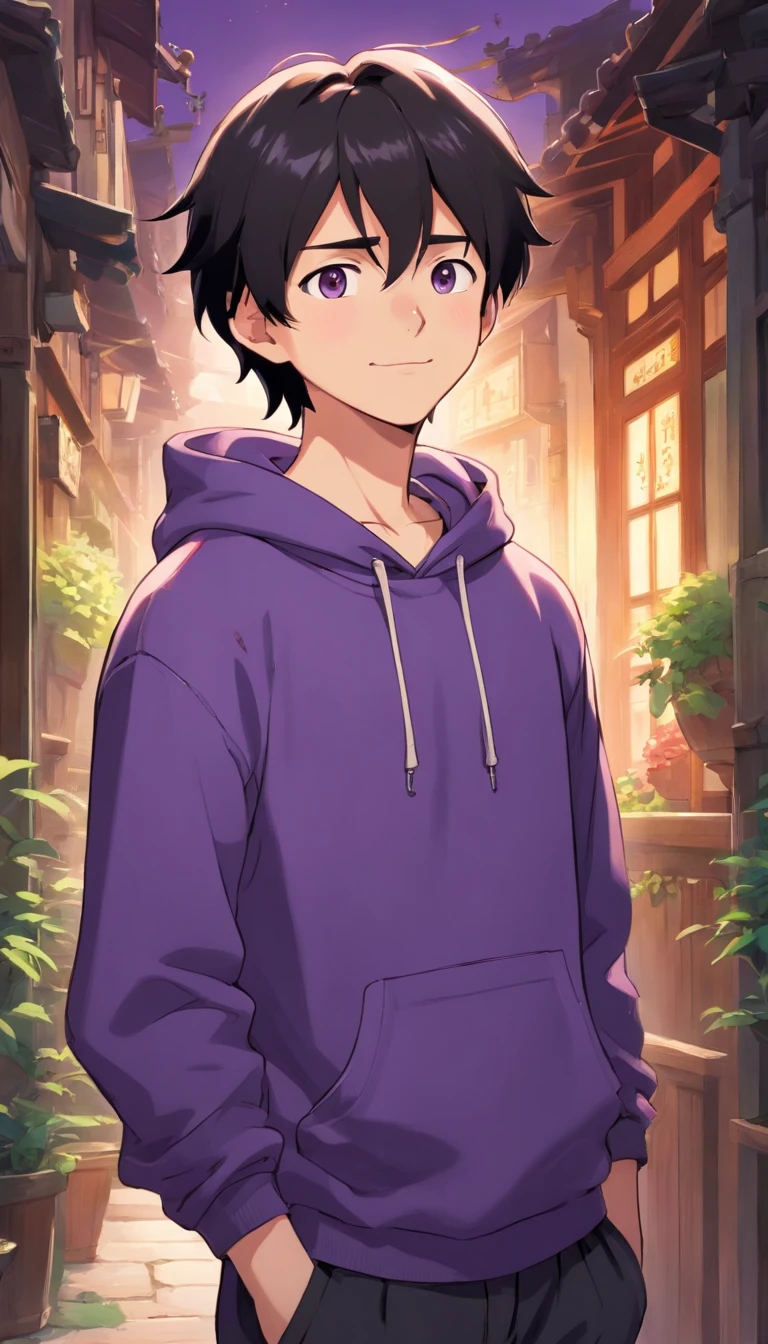 A young man. Twenty years old. White skin. Black hair middle parted. Dark brown eyes. Sli body. Purple hoodie. Black t-shirt. Black pants. Black sneakers. Eyes closed. Smiling. Standing. Eyes closed.