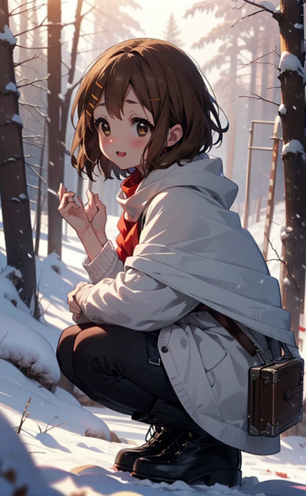 yuihirasawa, Yui Hirasawa, short hair, Brown Hair, hair ornaments, (Brown eyes:1.5), Hair Clip、smile,smile,blush,White Breath,
Open your mouth,snow,Ground bonfire,, Outdoor, boots, snowing, From the side, wood, suitcase, Cape, Blurred, , forest, White handbag, nature, Squat, Mouth closed, Cape, winter, Written boundary depth, Black shoes, red Cape break looking at viewer, Upper Body, whole body, break Outdoor, forest, nature, break (masterpiece:1.2), Highest quality, High resolution, unity 8k wallpaper, (shape:0.8), (Beautiful and beautiful eyes:1.6), Highly detailed face, Perfect lighting, Highly detailed CG, (Perfect hands, Perfect Anatomy),