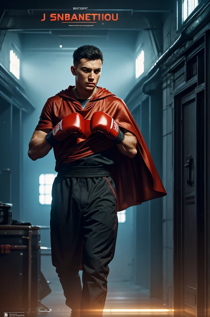 Intensely the film, a captivating poster. The composition exudes cinematic lighting and color gradation. A scene with the octagon in the background, and in the corridor, a young man entering with boxing gloves and cape, with a sweaty shirt and a tired expression. A bright and hopeful atmosphere. Inspired by the conceptual works of Maciej Kuciara, Jama Jurabayev and Wojtek Fus, this poster