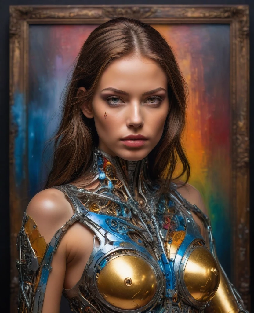 A cyborg girl stands in the center of a large bright studio and is engaged in creating her self-portrait on canvas. She is depicted in all her majestic beauty and elegance. Her metallic skin reflects the light, creating a play of hues and highlights like an expensive piece of jewelry. 
Her long metal hair frames her face, giving her a mysterious and alluring look. Her bright eyes, in which light shimmers, stare straight ahead with confidence and the strain of creative inspiration. 
The cyborg girl is depicted in a graceful pose, showing off her grace and strength as well as the fine workings of her mechanical limbs. Her hands hold brushes and are immersed in the creative process of creating a stunning work of art. 
The outline of the self-portrait she is creating with oil paints is already outlined on the canvas. The drawing begins to come to life under her dexterous fingers, gaining depth and volume, and the coating of color fills the canvas with bright hues and rich colors. 
This entire moment is captured in a gorgeous and amazing scenario that combines the beauty of art, power and technological advancement to make the cyborg girl a unique and inspiring image. beautiful shiny smooth, high quality, best quality, absurdres, masterpiece, beautiful, intricate details, 1/2 body crop, slim body, beautiful figure, magnificent anatomy, (intricate details:1.12), HDR, (intricate details, hyper-detailing:1.15), (natural skin textures, hyper realisitc, soft light, Sharp:1.2)