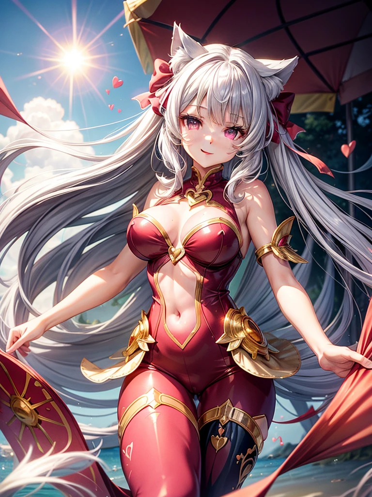 Silver hair, pink eyes, woman, sun and cloud background, red and gold clothes, hair bows, happy face, mermaid outfit, sexy, cat ears, hearts, floating hearts, thigh up, thigh high tights