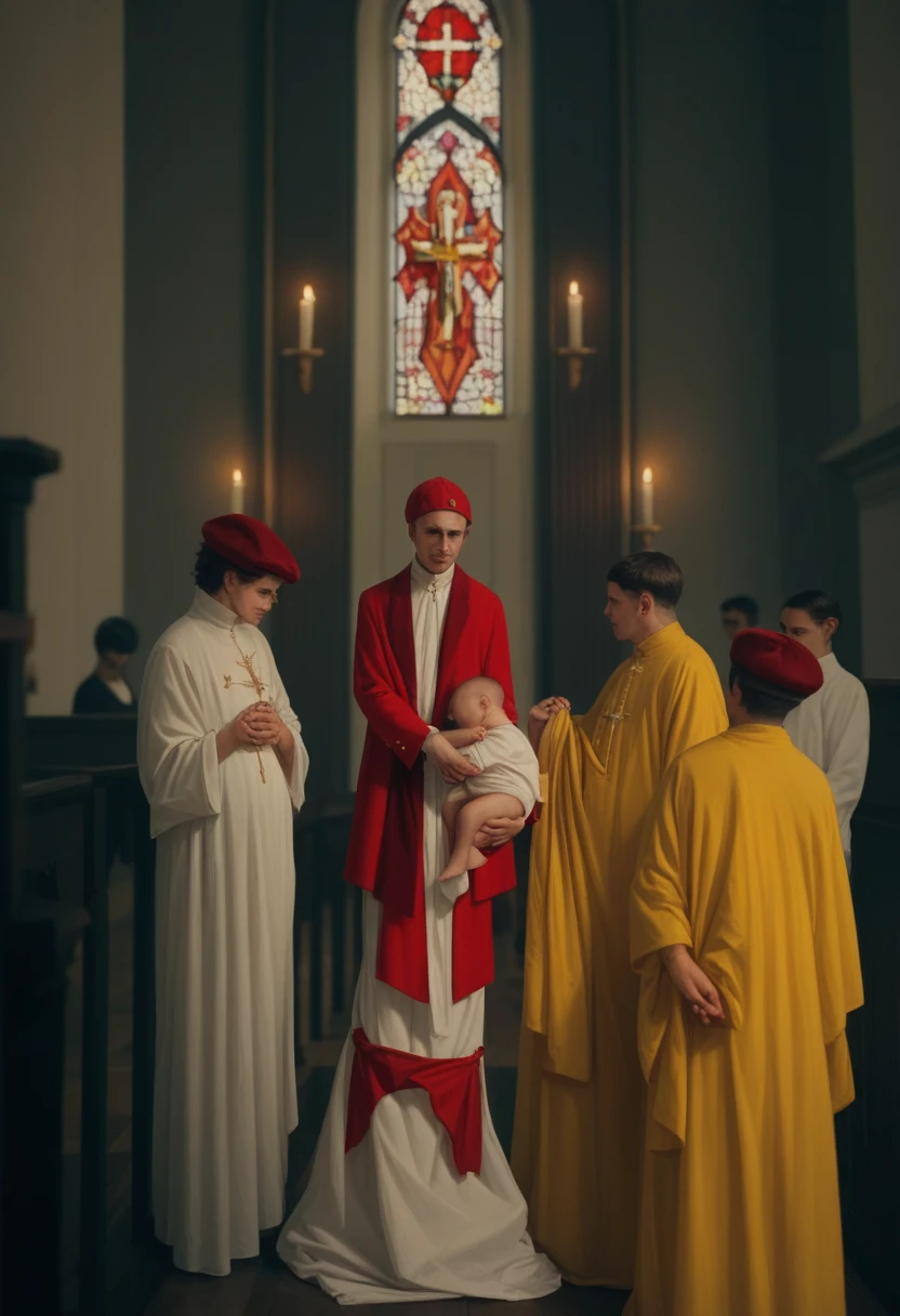 An ultra realistic church altar, Gothic style, in front of the pupto in the center we have a black man, holding a newborn baby wrapped in a white blanket, on the left side we have a priest with open arms with an astonished look and on the right side a choir with white clothes and white veils looking at the man with an appearance of fear. The man in the red blazer and red hat holds the baby as if he was going to baptize it