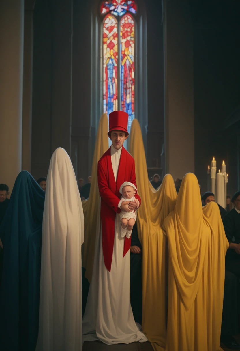 An ultra realistic church altar, Gothic style, in front of the pupto in the center we have a black man, holding a  wrapped in a white blanket, on the left side we have a priest with open arms with an astonished look and on the right side a choir with white clothes and white veils looking at the man with an appearance of fear. The man in the red blazer and red hat holds the baby as if hs going to baptize it