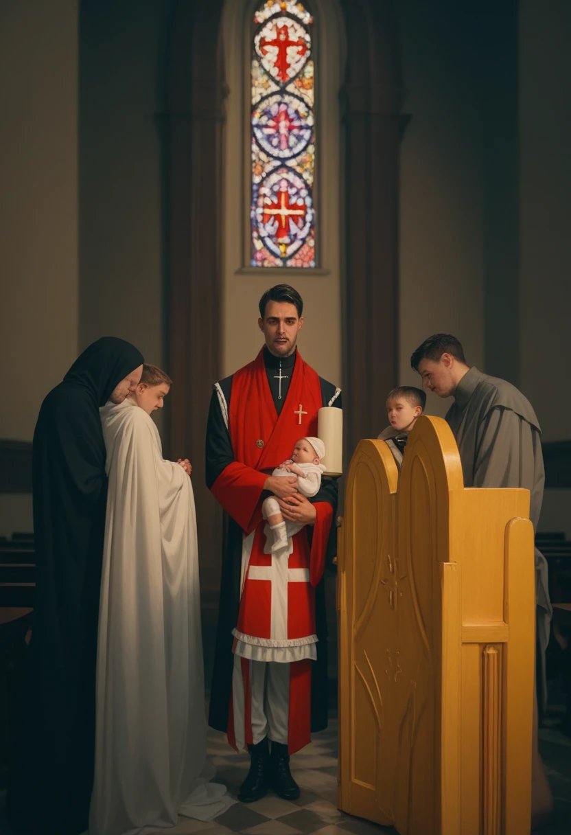 An ultra realistic church altar, Gothic style, in front of the pupto in the center we have a black man, holding a newborn baby wrapped in a white blanket, on the left side we have a priest with open arms with an astonished look and on the right side a choir with white clothes and white veils looking at the man with an appearance of fear. The man in the red blazer and red hat holds the baby as if he was going to baptize it