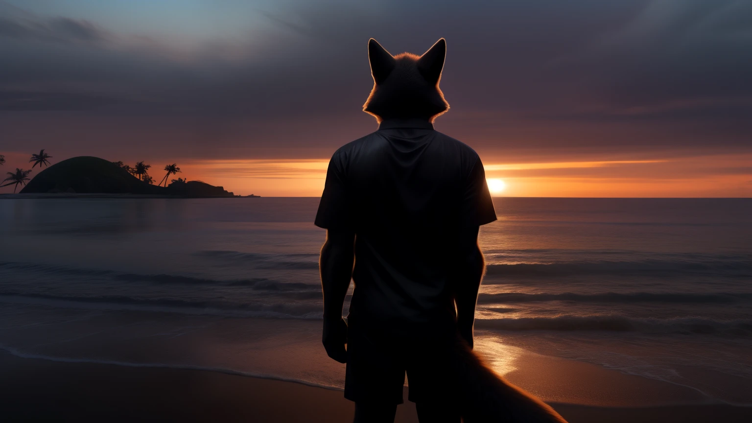 An adult man in his 30s wearing a fox fur suit alone outdoors on the background of a beach, turning your back to the camera, furry fox tail, ((full body)), ((robust)), big arms, Tall Man, arms with black fur, ((black beach shirt, a black short)). In an illuminated evening, with very few orange clouds, some islands in the distance