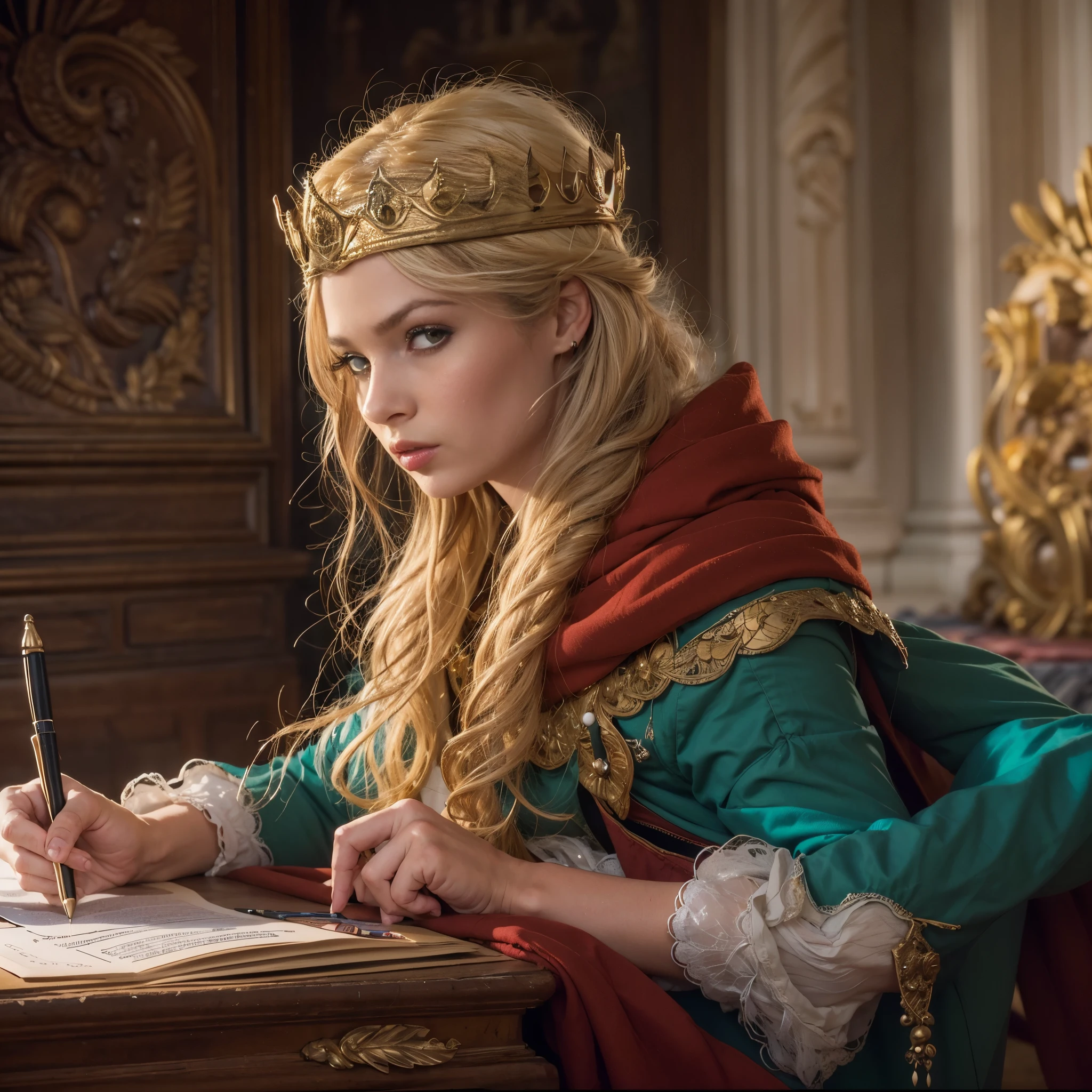 (Masterpiece: 1.2, Best Quality), Realistic, (Realistic Picture, Complex Details, Depth of Field), Best Quality, Masterpiece, Highly Detailed, Semi Realistic, 1 Girl, Mature Female, 21 Years Old, Blond Hair, Shoulder length Short Hair, Left Eye Covered with Hair, Blue Eyes, King's Clothes, Red Cloak, Slim Figure, Crown Made of Precious Gold, Reading Documents, Marking Documents, Goose Hair Pen, Office Table, Soft Bench, Palace, In the palace, during the Middle Ages, prinzzess