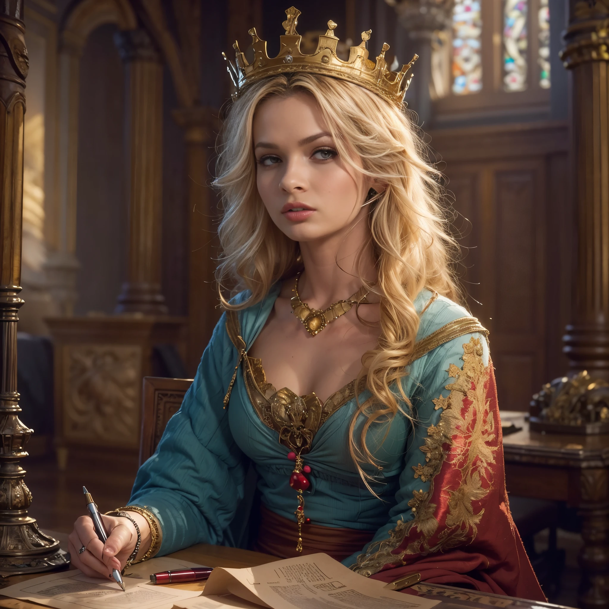 (Masterpiece: 1.2, Best Quality), Realistic, (Realistic Picture, Complex Details, Depth of Field), Best Quality, Masterpiece, Highly Detailed, Semi Realistic, 1 Girl, Mature Female, 21 Years Old, Blond Hair, Shoulder length Short Hair, Left Eye Covered with Hair, Blue Eyes, King's Clothes, Red Cloak, Slim Figure, Crown Made of Precious Gold, Reading Documents, Marking Documents, Goose Hair Pen, Office Table, Soft Bench, Palace, In the palace, during the Middle Ages, prinzzess