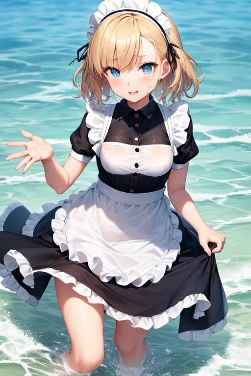 (Super best quality)(Highest quality)(Attention to detail)
Maid clothes, White apron, Headband, (Fashionable clothes)
Gothic Dress, ribbon, Maid clothes, (白と黒のMaid clothes), Normal collar, Classic, Short sleeve, 
Ocean, Beach, (Wave, Wave打ち), 高Wave, 荒Wave, In the water, (Waterlogged), Water Play, 
((Even my clothes are wet 1.1))((Even my clothes are soaked in water)), (Water drop 1.1), Soaking wet, ((Deep water depth)) ((Deeply immersed))
Blonde, Blue Eyes, Cat ear, cute, Naughty, The best smile, Water droplets all over the body((全身にWater drop 1.1)), Long, Water drops on my arms, Water drips from the clothes, Small breasts, Less exposure, Floating offshore, The clothes are sinking, Submersion, 