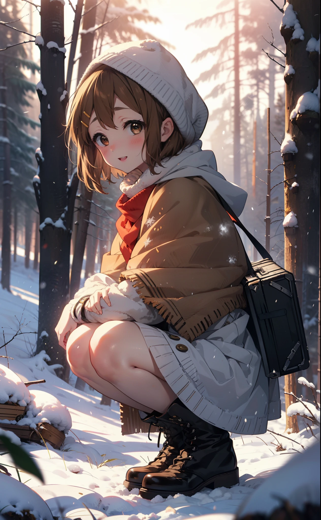 yuihirasawa, Yui Hirasawa, short hair, Brown Hair, hair ornaments, (Brown eyes:1.5), Hair Clip、smile,smile,blush,White Breath,
Open your mouth,snow,Ground bonfire,, Outdoor, boots, snowing, From the side, wood, suitcase, Cape, Blurred, , forest, White handbag, nature, Squat, Mouth closed, Cape, winter, Written boundary depth, Black shoes, red Cape break looking at viewer, Upper Body, whole body, break Outdoor, forest, nature, break (masterpiece:1.2), Highest quality, High resolution, unity 8k wallpaper, (shape:0.8), (Beautiful and beautiful eyes:1.6), Highly detailed face, Perfect lighting, Highly detailed CG, (Perfect hands, Perfect Anatomy),