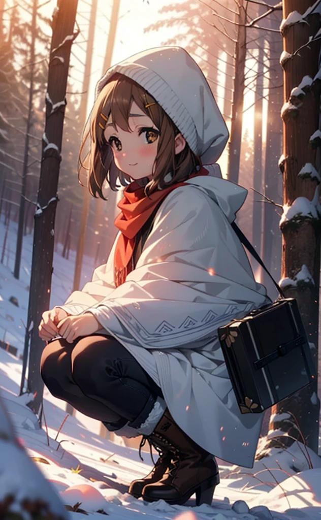 yuihirasawa, Yui Hirasawa, short hair, Brown Hair, hair ornaments, (Brown eyes:1.5), Hair Clip、smile,smile,blush,White Breath,
Open your mouth,snow,Ground bonfire,, Outdoor, boots, snowing, From the side, wood, suitcase, Cape, Blurred, , forest, White handbag, nature, Squat, Mouth closed, Cape, winter, Written boundary depth, Black shoes, red Cape break looking at viewer, Upper Body, whole body, break Outdoor, forest, nature, break (masterpiece:1.2), Highest quality, High resolution, unity 8k wallpaper, (shape:0.8), (Beautiful and beautiful eyes:1.6), Highly detailed face, Perfect lighting, Highly detailed CG, (Perfect hands, Perfect Anatomy),