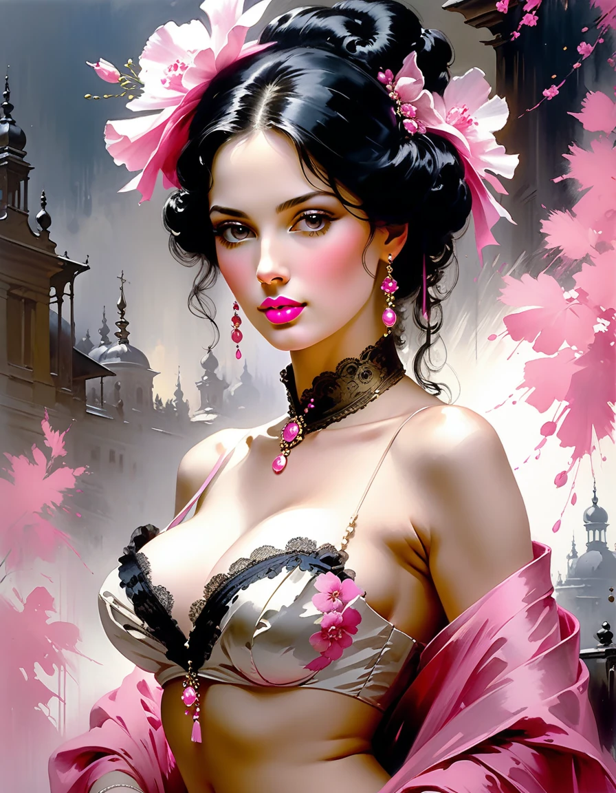 Victorian Hungarian women Women of the 19th century, Black hair, pink lips, Nice feature, Wadim Kashin, james gurney, ink, Splash Art", Amazing beauty , Royo, after sexing, Super detailed splash art modern European ink painting, mid gorgeous breasts, gorgeous body, oil painting.