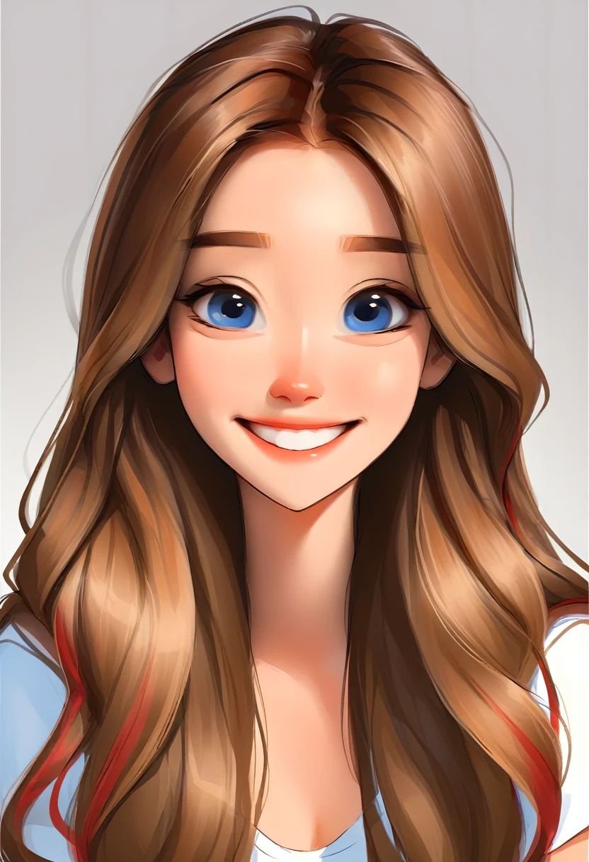 portrait of a cute woman, Grinning, long hair, light brown hair with red highlights, blue eyes, wearing white, White background, webtoon style