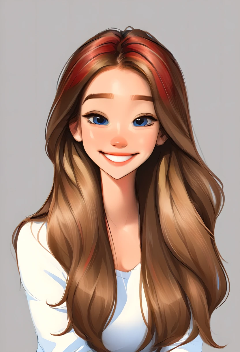 portrait of a cute woman, Grinning, long hair, light brown hair with red highlights, blue eyes, wearing white, White background, webtoon style