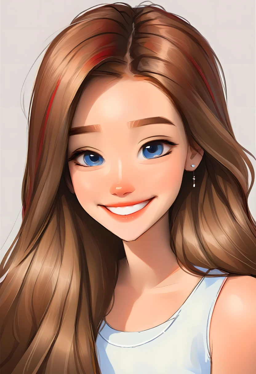 portrait of a cute woman, Grinning, long hair, light brown hair with red highlights, blue eyes, wearing white, White background, webtoon style